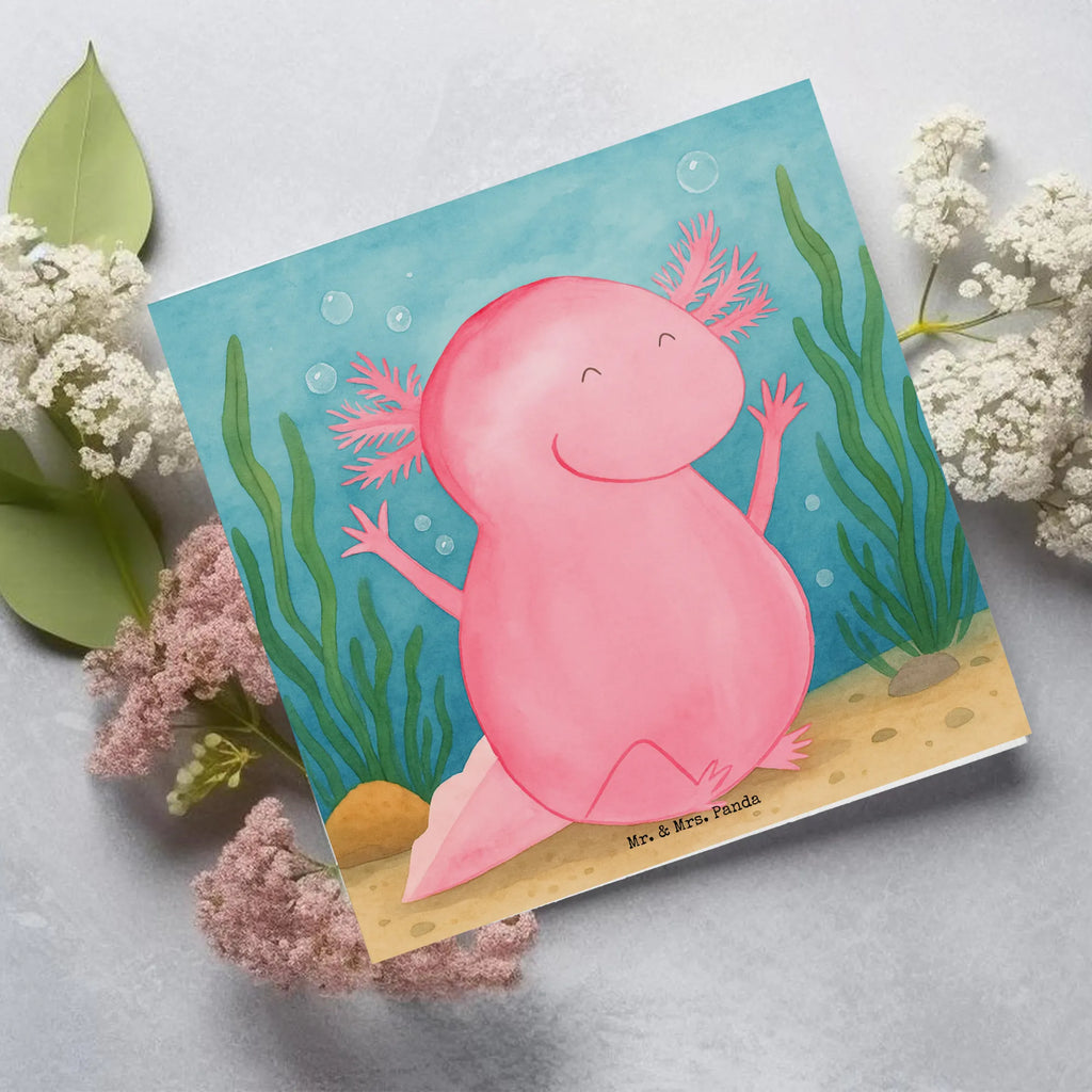 Deluxe Karte Axolotl Hurra Design Karte, Grußkarte, Klappkarte, Einladungskarte, Glückwunschkarte, Hochzeitskarte, Geburtstagskarte, Hochwertige Grußkarte, Hochwertige Klappkarte, Axolotl, Molch, Axolot, Schwanzlurch, Lurch, Lurche, fröhlich, Spaß, Freude, Motivation, Zufriedenheit