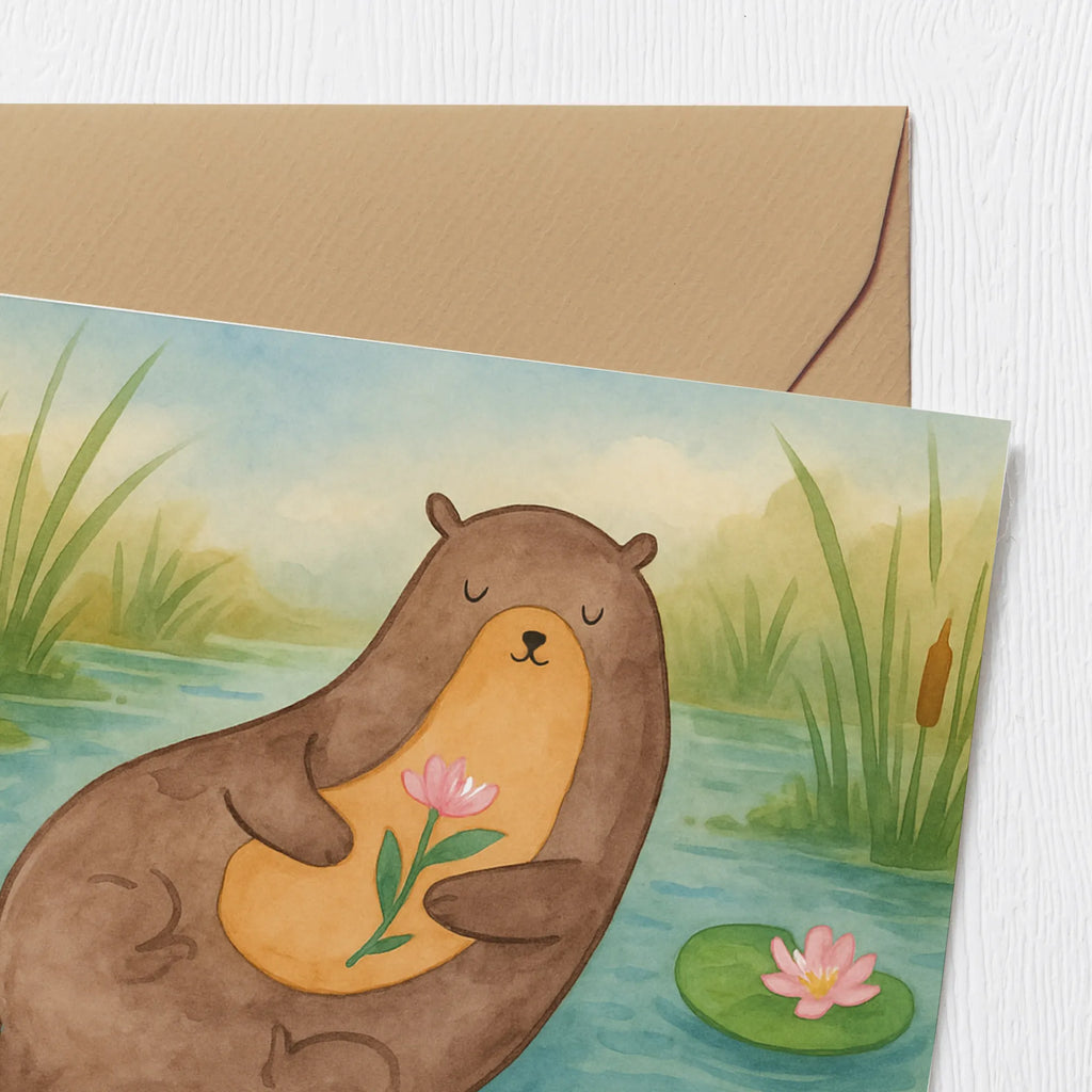 Deluxe Karte Otter Seerose Design Karte, Grußkarte, Klappkarte, Einladungskarte, Glückwunschkarte, Hochzeitskarte, Geburtstagskarte, Hochwertige Grußkarte, Hochwertige Klappkarte, Otter, Fischotter, Seeotter, Otter Seeotter See Otter