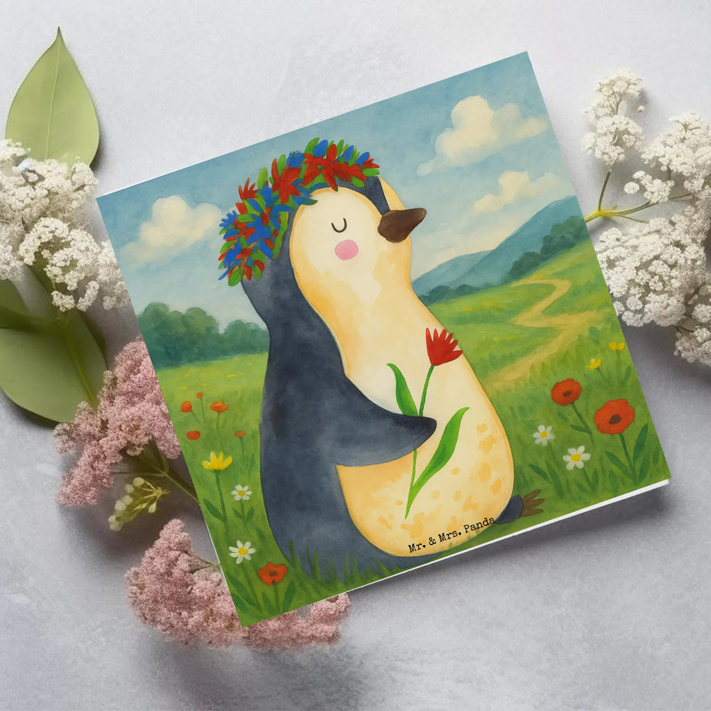 Deluxe Karte Pinguin Blumen Design Karte, Grußkarte, Klappkarte, Einladungskarte, Glückwunschkarte, Hochzeitskarte, Geburtstagskarte, Hochwertige Grußkarte, Hochwertige Klappkarte, Pinguin, Pinguine, Blumenkranz, Universum, Leben, Wünsche, Ziele, Lebensziele, Motivation, Lebenslust, Liebeskummer, Geschenkidee