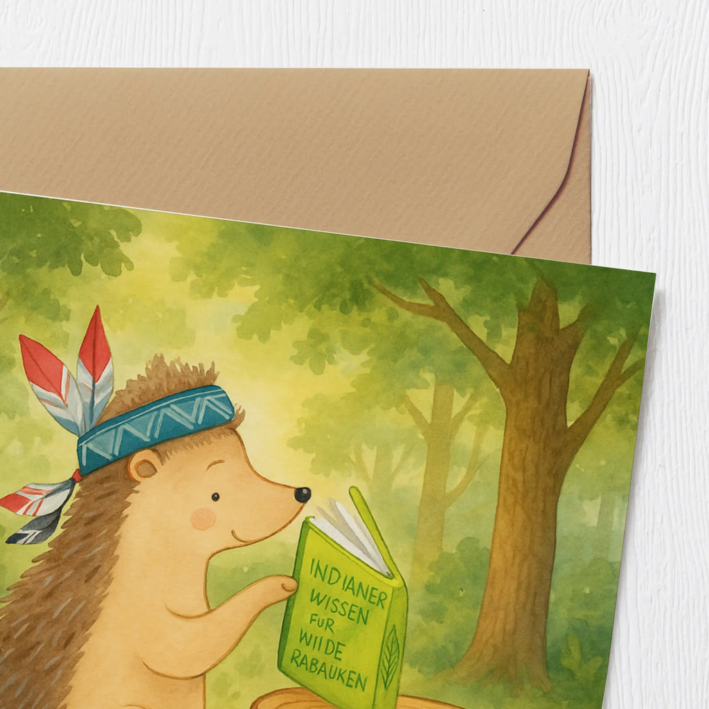 Deluxe Karte Igel Federschmuck Design Karte, Grußkarte, Klappkarte, Einladungskarte, Glückwunschkarte, Hochzeitskarte, Geburtstagskarte, Hochwertige Grußkarte, Hochwertige Klappkarte, Waldtiere, Tiere, Igel, Indianer, Abenteuer, Lagerfeuer, Camping
