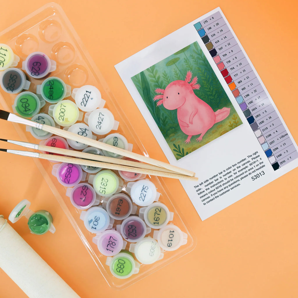 Paint by Numbers axolotl zero Design Baseln, DIY, Ausmalbild, Malen, Malen nach Zahlen, Bastelidee, Kunstwerk, Künstler, Kreativität, Axolotl, Molch, zufrieden, Liebe, Weisheit, Lebensweisheit, Lebensstil, Freundin, Axolot, fröhlich, vergnügt