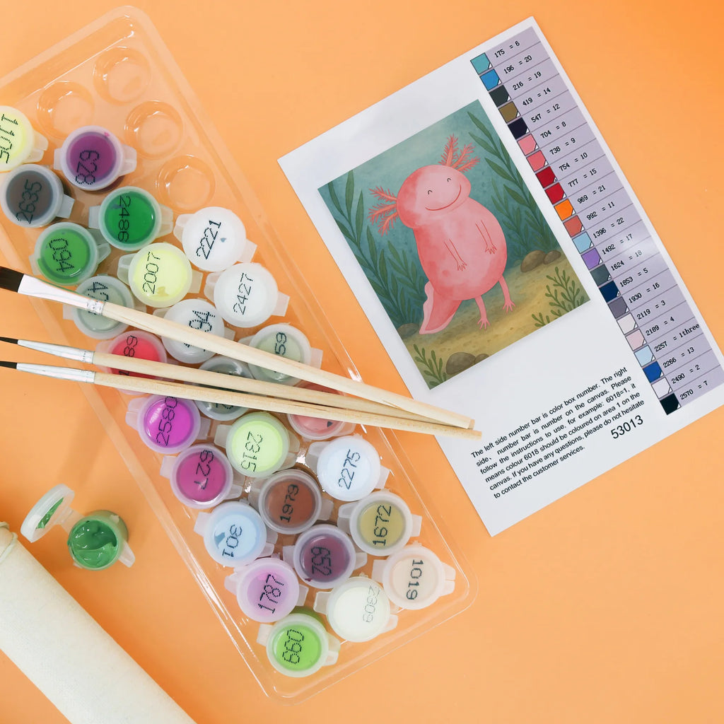 Malowanie według numerów Aksolotl Szczęśliwy Design Malen nach Zahlen, Bastelidee, Baseln, Kunstwerk, Ausmalbild, Kreativität, Künstler, DIY, Malen, Axolotl, Molch, Lurche, Motivation, Axolot, Schwanzlurch, gute Laune, Lurch