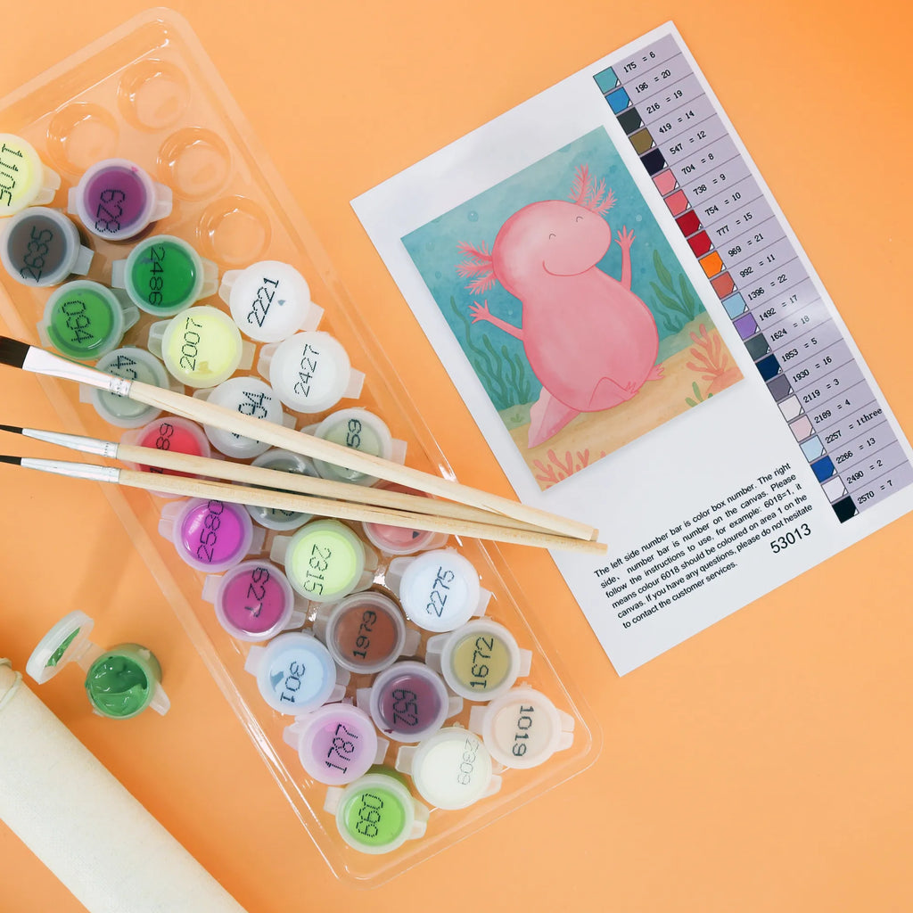 Paint by Numbers axolotl Hooray Design Kunstwerk, Baseln, DIY, Malen, Malen nach Zahlen, Ausmalbild, Künstler, Kreativität, Bastelidee, Axolotl, Molch, Motivation, Lurch, Axolot, Spaß, fröhlich, Freude, Lurche, Schwanzlurch, Zufriedenheit