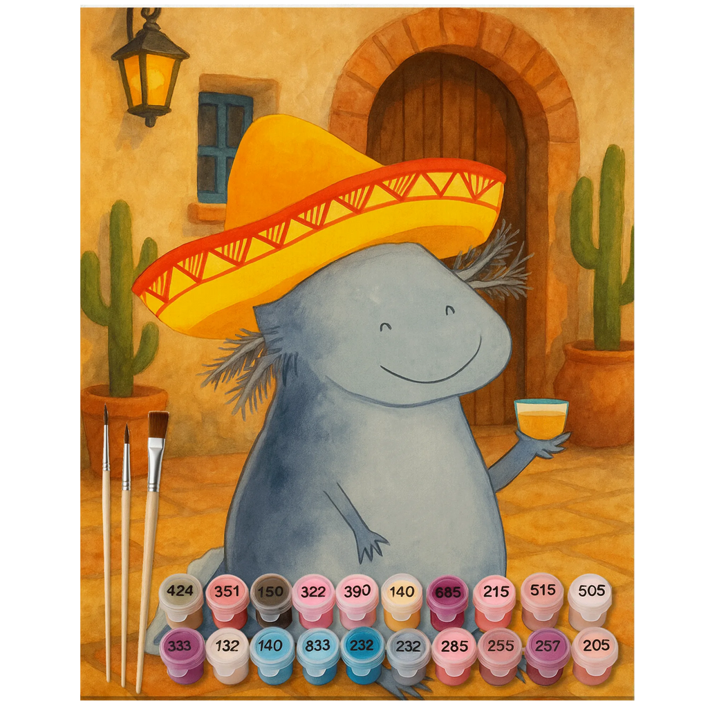Malen nach Zahlen Axolotl Tequila Design Kunstwerk, Bastelidee, Baseln, DIY, Malen, Ausmalbild, Kreativität, Künstler, Malen nach Zahlen, Axolotl, Molch, Mexico, Feuersalamander, Mexiko, Lurche, Spruch, Lurch, Sombrero, Motivation, Axolot, Schwanzlurch, Feuerdrache, Zitrone, Tequila