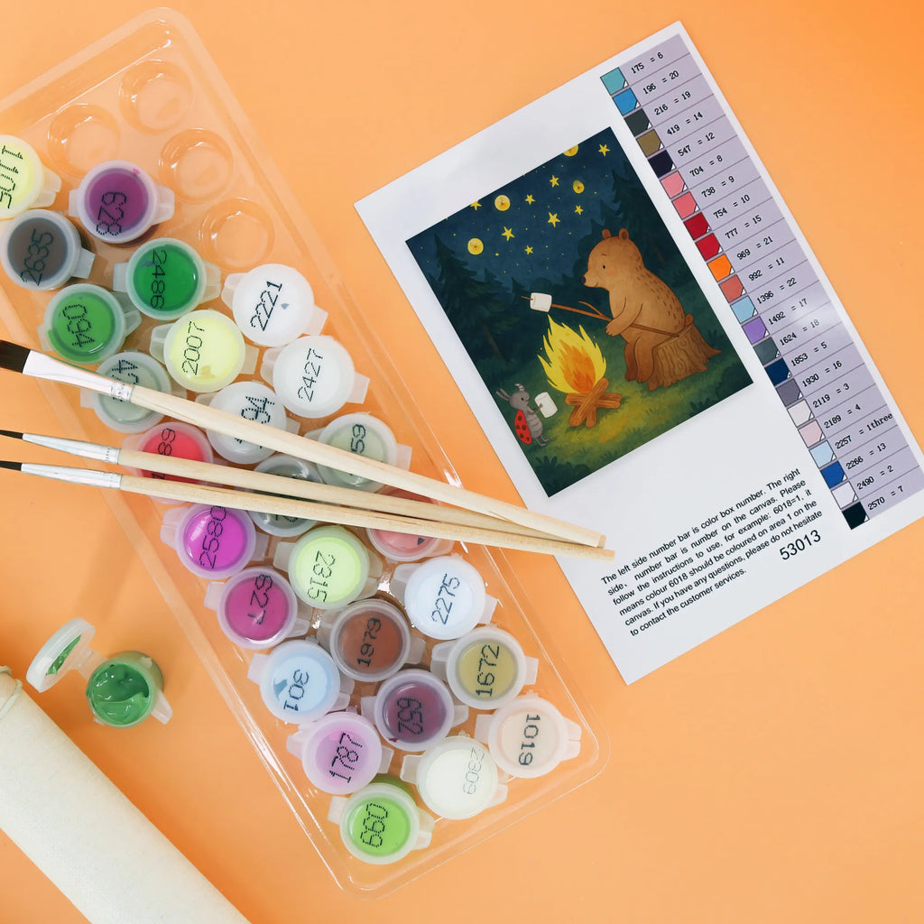 Paint by Numbers Bear & Ladybird campfire Design bear, teddy, teddy bear, cuddly toy, Campfire