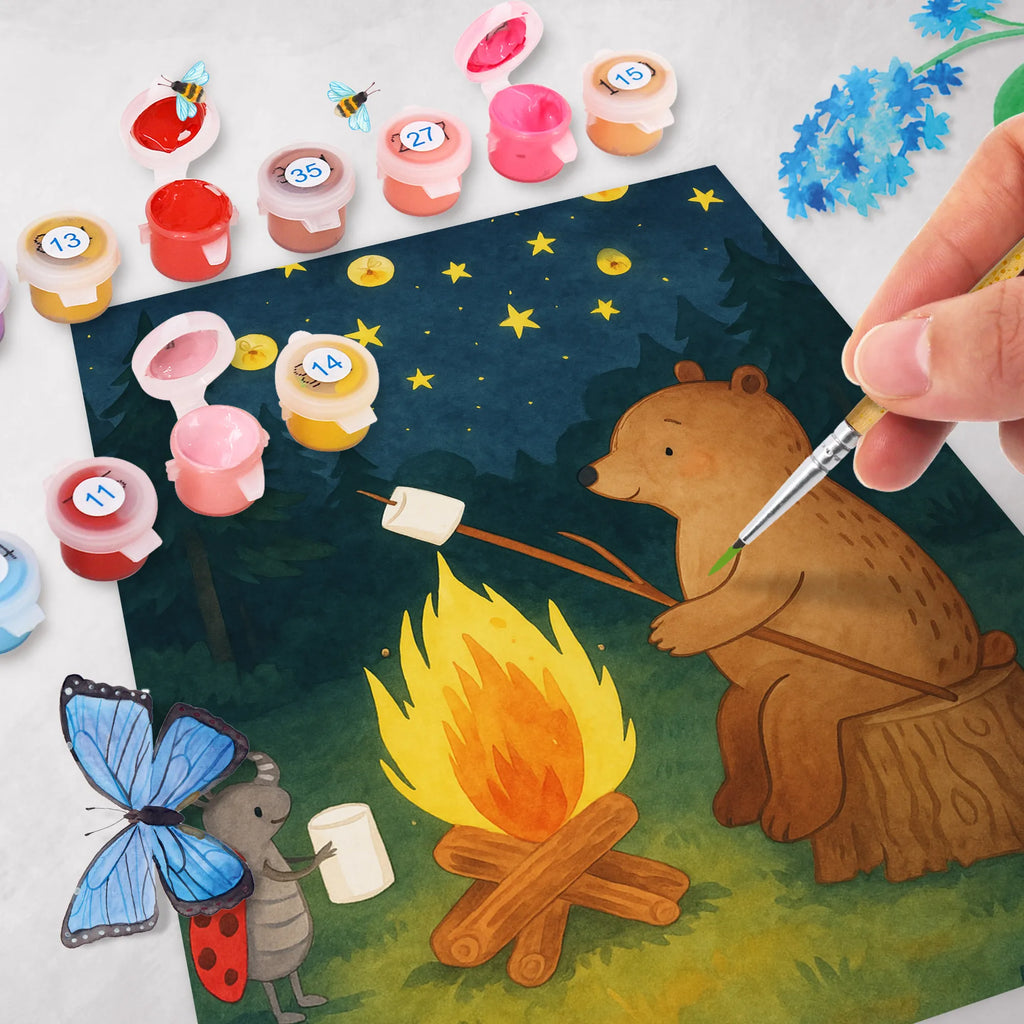 Paint by Numbers Bear & Ladybird campfire Design bear, teddy, teddy bear, cuddly toy, Campfire