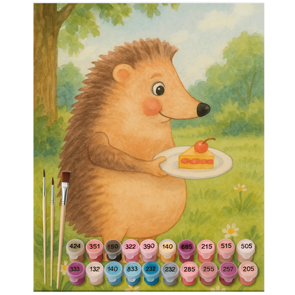 Paint by Numbers Hedgehog piece of cake Design Kunstwerk, Malen, Kreativität, Ausmalbild, DIY, Malen nach Zahlen, Künstler, Bastelidee, Baseln, Tiermotive, Gute Laune, lustige Sprüche, Tiere, Einladung Party, Essen Spruch, Kuchen, Kuchen backen, Igel, Backen Geschenk, Torte, Geburtstagskuchen
