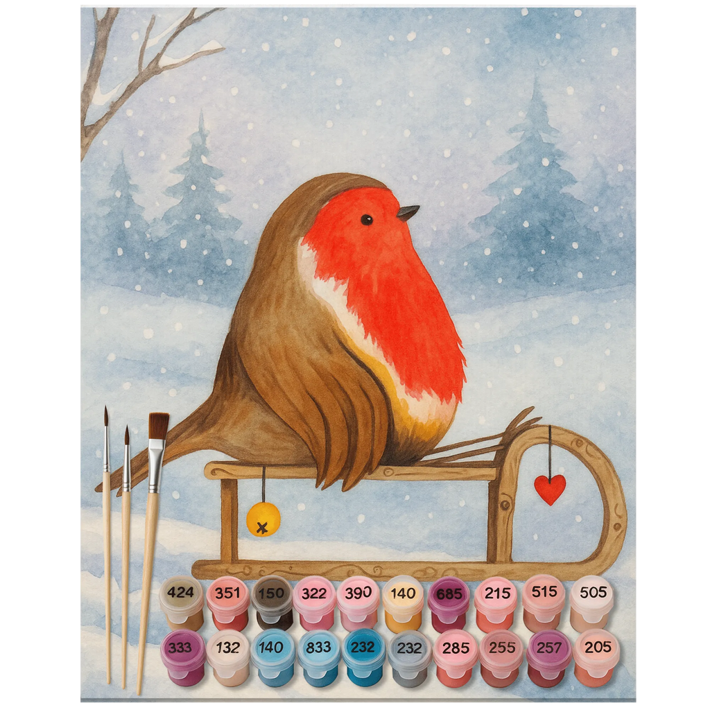 Malen nach Zahlen Rotkehlchen Schlitten Design Ausmalbild, Kunstwerk, Malen nach Zahlen, Winter, Weihnachten, Weihnachtsdeko, Nikolaus, Advent, Heiligabend, Wintermotiv, Vogel, Schlitten