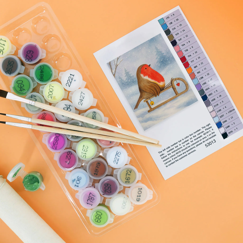 Malen nach Zahlen Rotkehlchen Schlitten Design Ausmalbild, Kunstwerk, Malen nach Zahlen, Winter, Weihnachten, Weihnachtsdeko, Nikolaus, Advent, Heiligabend, Wintermotiv, Vogel, Schlitten