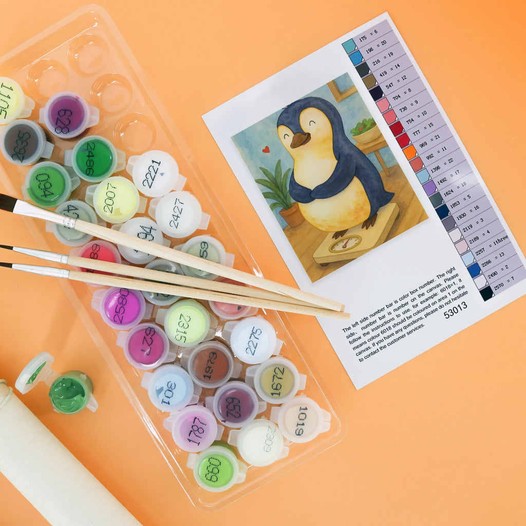 Malowanie według numerów Pingwin dieta Design Ausmalbild, Künstler, Malen, Kreativität, Kunstwerk, Bastelidee, Malen nach Zahlen, DIY, Baseln, Pinguin, Selbstliebe, Abspecken, Diät, Gewicht, Abnehmen, Pinguine, Selbstrespekt, Motivation, Körperliebe