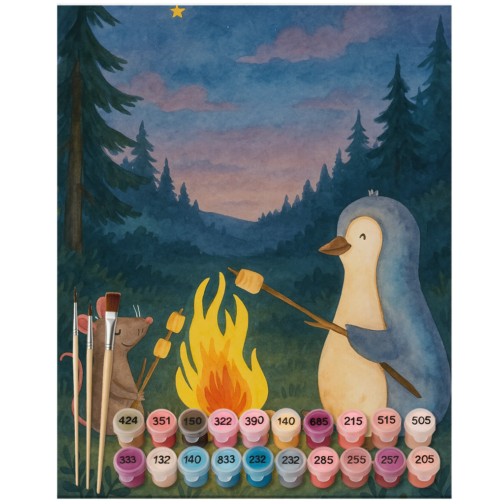 Paint by Numbers Penguin campfire Design DIY, Ausmalbild, Malen, Kunstwerk, Malen nach Zahlen, Bastelidee, Künstler, Kreativität, Baseln, Pinguin, Job, Lagerfeuer, Feuer, Marshmallows, Neustart, Lebensmotivation, Büroalltag, Lebensspruch, Büro, Pinguine, Liebe, Maus, Arbeit, Motivation, Leben, grillen