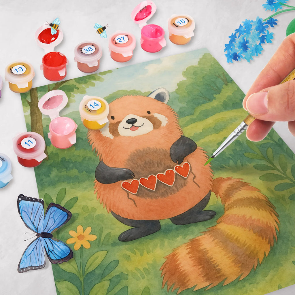 Paint by Numbers red panda Design small animals, cute, funny, cute animal motives, hand drawn, small world, funny sayings, good mood, happy, gifts, gift ideas, special gifts, animal lover, card, favourite person, love, red, heart, darling, Panda