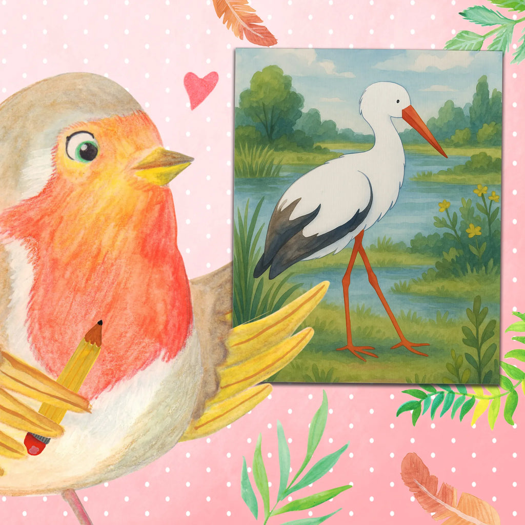 Paint by Numbers Stork Design small animals, cute, funny, cute animal motives, hand drawn, small world, funny sayings, good mood, happy, gifts, gift ideas, special gifts, animal lover, card, birth, baby bump, pregnant, stork, pregnancy, becoming a mother, mother, mothers, baby