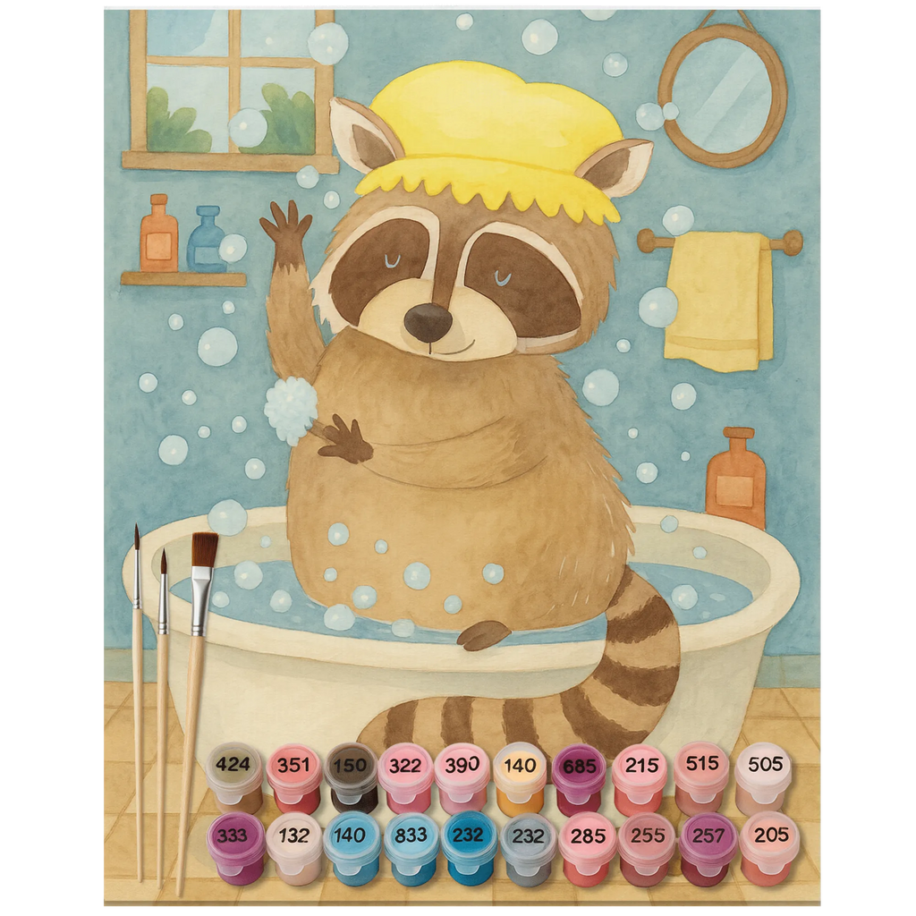 Malowanie według numerów Szop pracz Design Kunstwerk, Malen, Ausmalbild, Bastelidee, DIY, Künstler, Malen nach Zahlen, Kreativität, Baseln, Tiermotive, Gute Laune, lustige Sprüche, Tiere, Fröhlich, Plan, Seifenblasen, Waschbär, Tagträumen, waschen