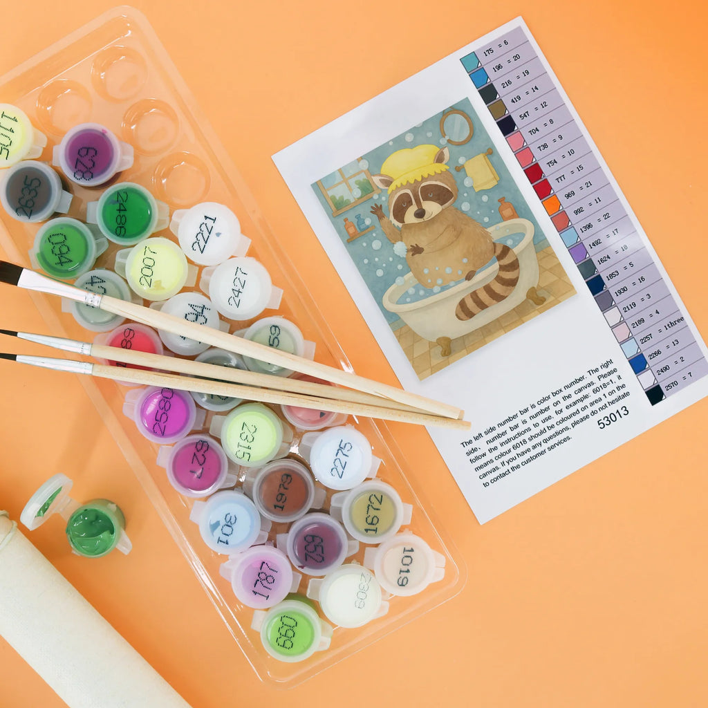 Malowanie według numerów Szop pracz Design Kunstwerk, Malen, Ausmalbild, Bastelidee, DIY, Künstler, Malen nach Zahlen, Kreativität, Baseln, Tiermotive, Gute Laune, lustige Sprüche, Tiere, Fröhlich, Plan, Seifenblasen, Waschbär, Tagträumen, waschen