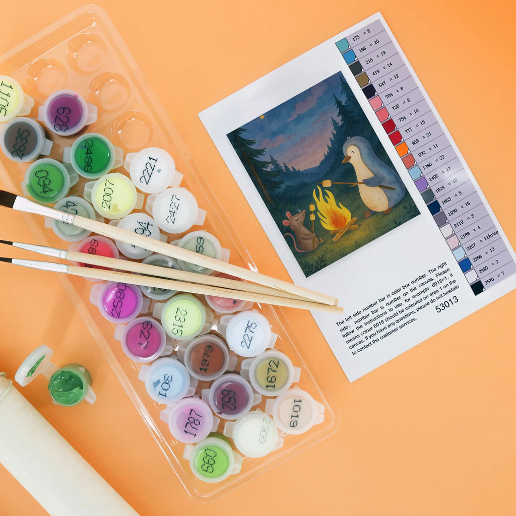 Paint by Numbers Penguin campfire Design DIY, Ausmalbild, Malen, Kunstwerk, Malen nach Zahlen, Bastelidee, Künstler, Kreativität, Baseln, Pinguin, Job, Lagerfeuer, Feuer, Marshmallows, Neustart, Lebensmotivation, Büroalltag, Lebensspruch, Büro, Pinguine, Liebe, Maus, Arbeit, Motivation, Leben, grillen