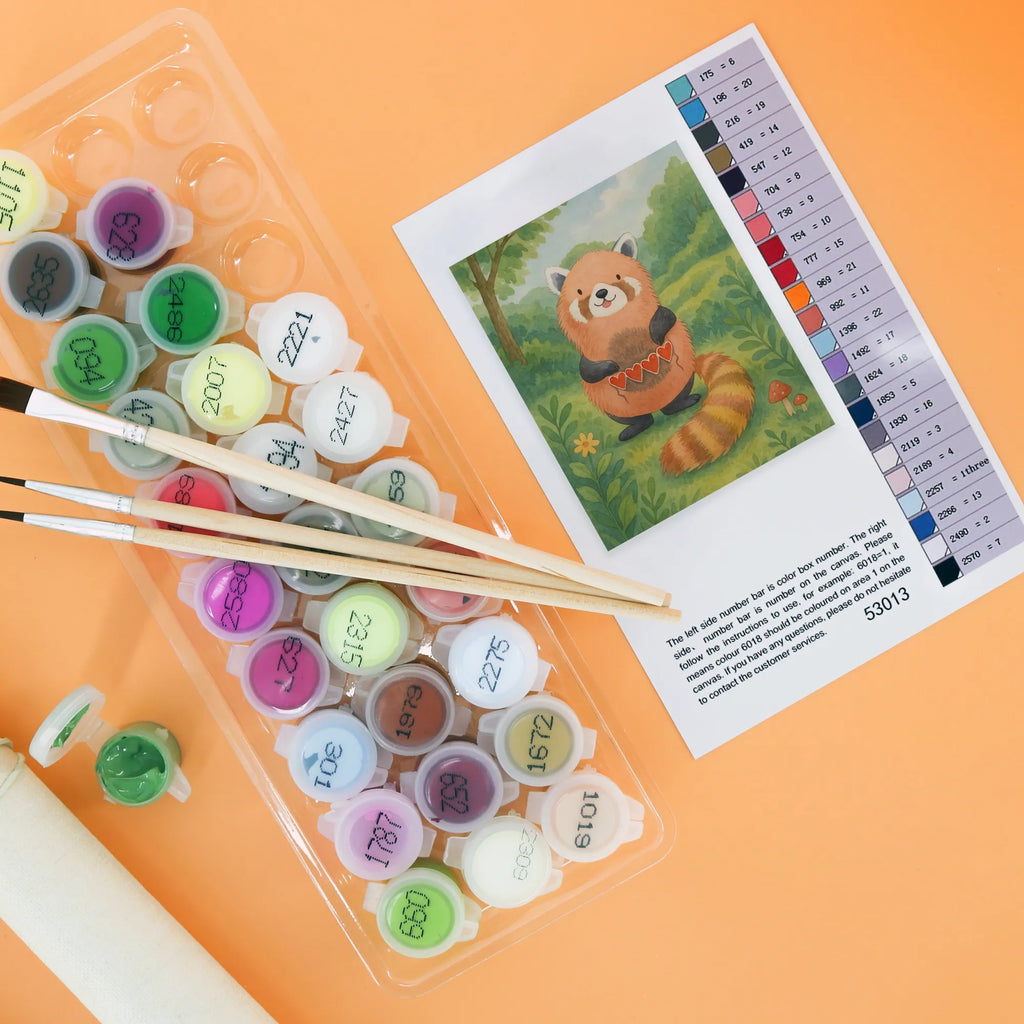 Paint by Numbers red panda Design small animals, cute, funny, cute animal motives, hand drawn, small world, funny sayings, good mood, happy, gifts, gift ideas, special gifts, animal lover, card, favourite person, love, red, heart, darling, Panda