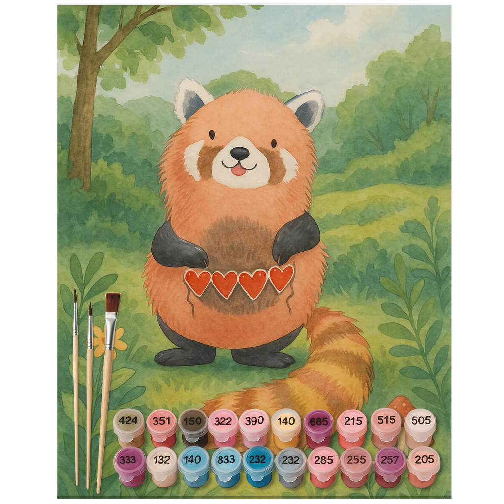 Paint by Numbers red panda Design small animals, cute, funny, cute animal motives, hand drawn, small world, funny sayings, good mood, happy, gifts, gift ideas, special gifts, animal lover, card, favourite person, love, red, heart, darling, Panda
