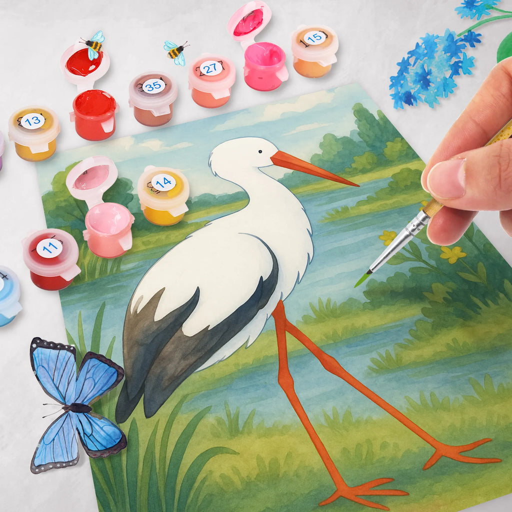 Paint by Numbers Stork Design small animals, cute, funny, cute animal motives, hand drawn, small world, funny sayings, good mood, happy, gifts, gift ideas, special gifts, animal lover, card, birth, baby bump, pregnant, stork, pregnancy, becoming a mother, mother, mothers, baby