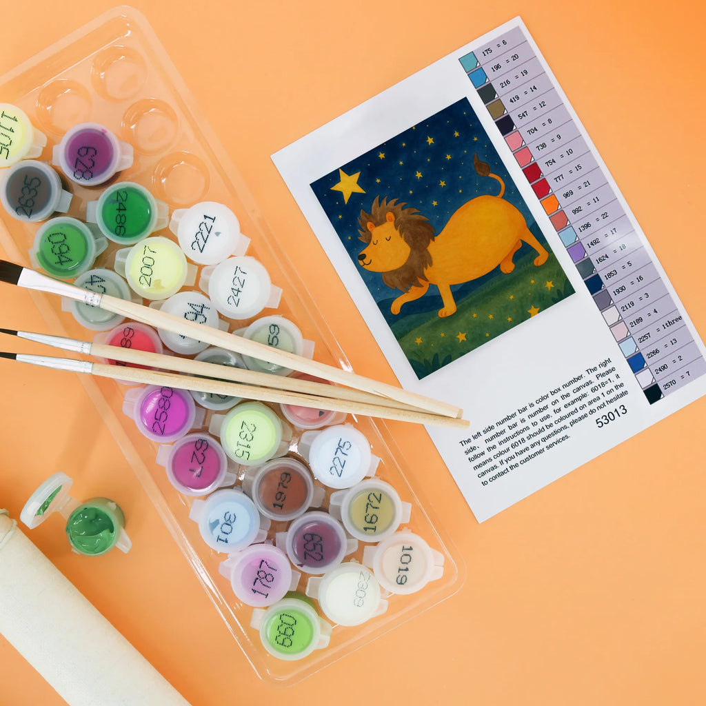 Paint by Numbers Star sign Lion Design Baseln, DIY, Malen nach Zahlen, Ausmalbild, Bastelidee, Künstler, Kunstwerk, Malen, Kreativität, Tierkreiszeichen, Sternzeichen, Horoskop, Astrologie, Aszendent, Geburtstag August, Löwe Geschenk, Geschenk August, Geschenk Juli, König der Tiere, Geburtstag Juli, Löwe Sternzeichen