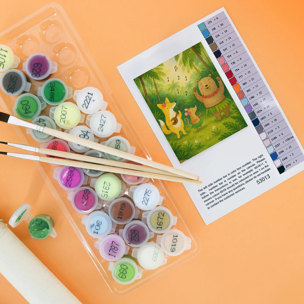 Malowanie według numerów zwierzęta leśne Aloha Design Ausmalbild, Kunstwerk, Künstler, Bastelidee, Baseln, Malen, Kreativität, DIY, Malen nach Zahlen, Tiermotive, Gute Laune, lustige Sprüche, Tiere, Aloha, Waldtiere, Tanzen, Bär, Lachen, Leben, Hase, Musik, Igel, Wald