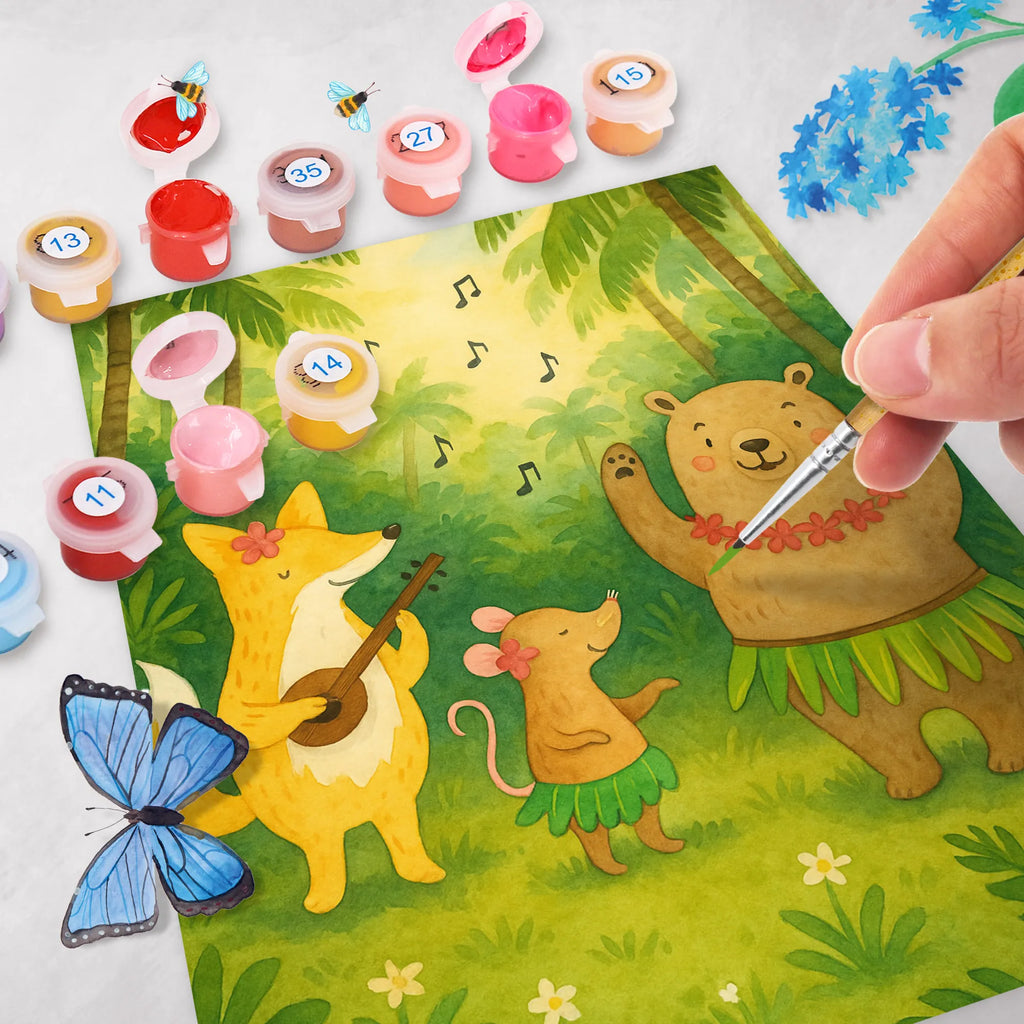 Malowanie według numerów zwierzęta leśne Aloha Design Ausmalbild, Kunstwerk, Künstler, Bastelidee, Baseln, Malen, Kreativität, DIY, Malen nach Zahlen, Tiermotive, Gute Laune, lustige Sprüche, Tiere, Aloha, Waldtiere, Tanzen, Bär, Lachen, Leben, Hase, Musik, Igel, Wald