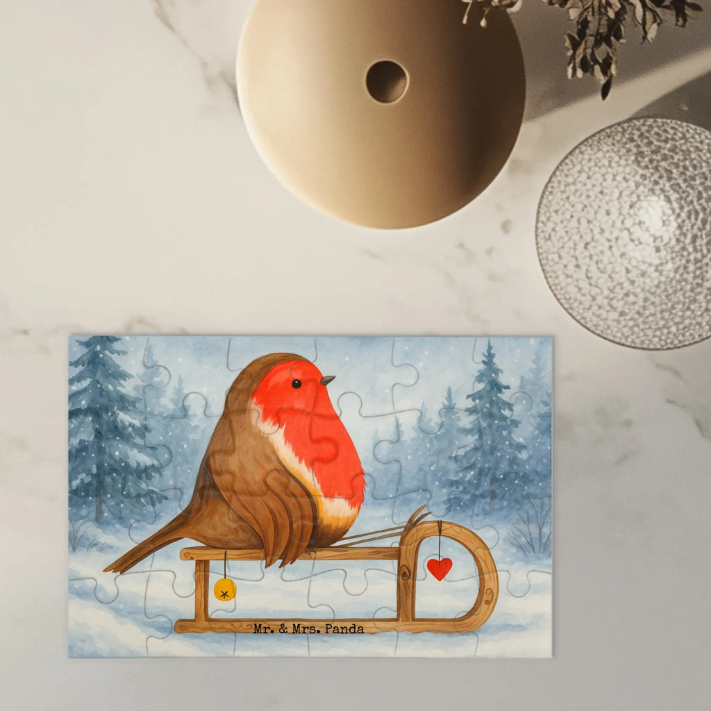 Puzzle Rotkehlchen Schlitten Design Puzzle, Winter, Weihnachten, Weihnachtsdeko, Nikolaus, Advent, Heiligabend, Wintermotiv, Schlitten, Vogel