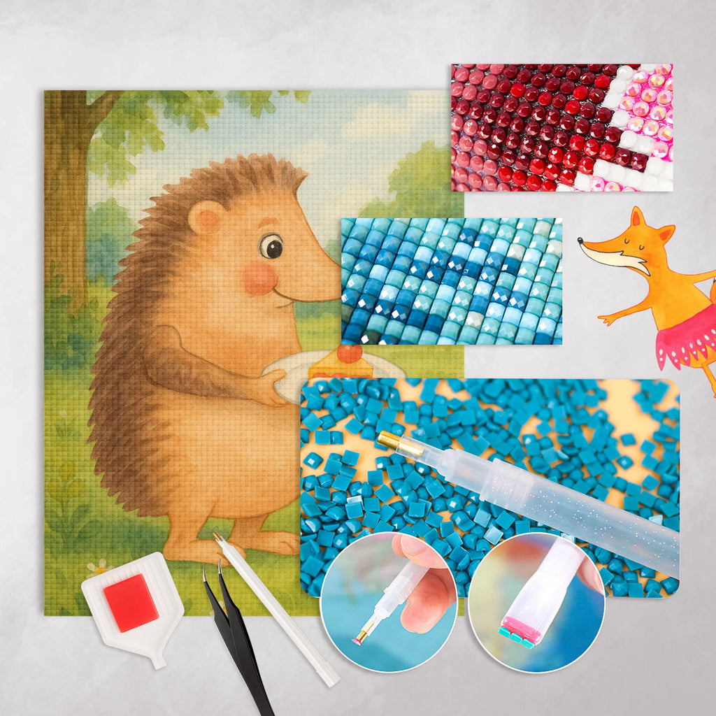 Diamond Painting Hedgehog piece of cake Design small animals, cute, funny, cute animal motives, hand drawn, small world, funny sayings, good mood, happy, gifts, gift ideas, special gifts, animal lover, card, cake, hedgehog, birthday cake, invitation party, bake cake, food saying, baking gift
