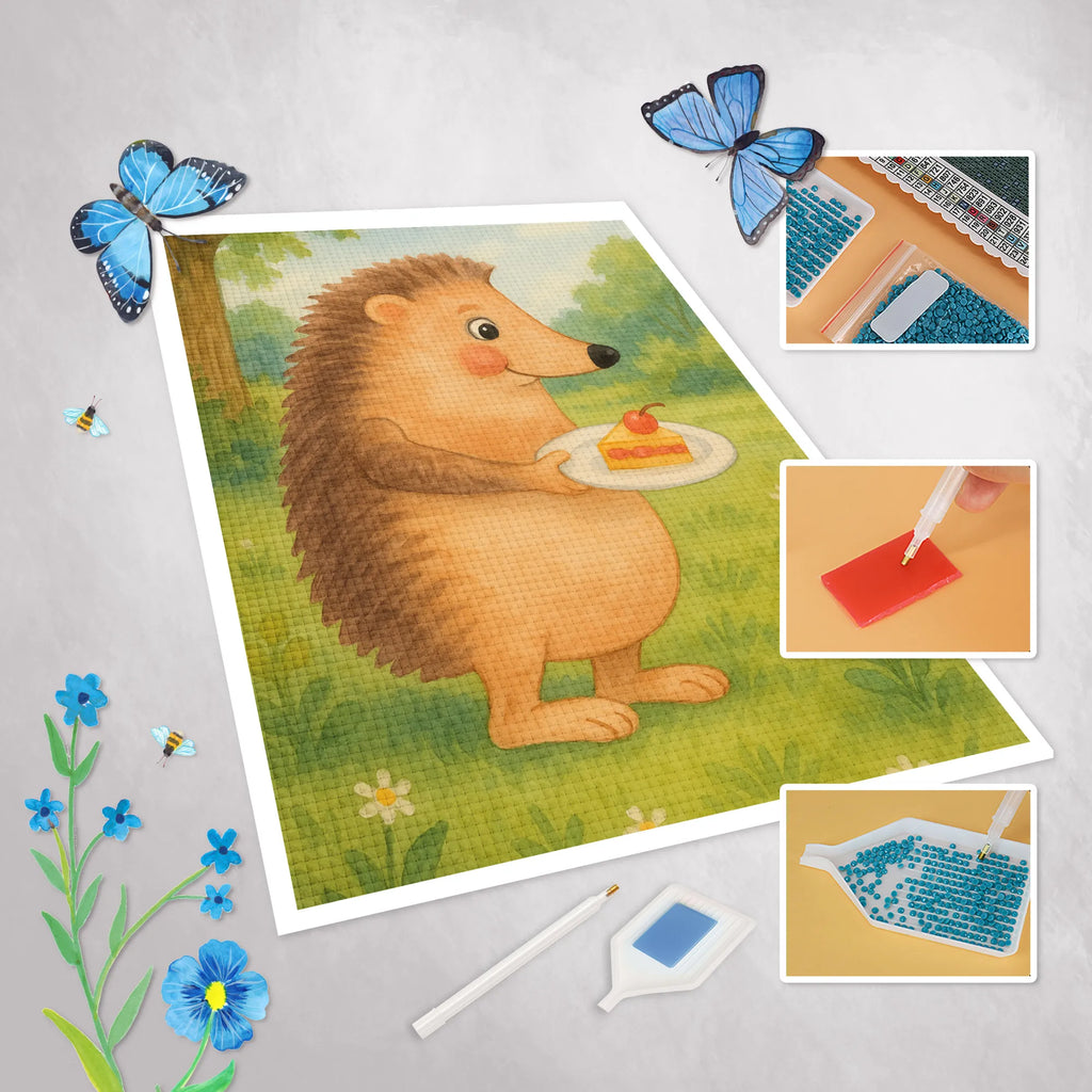 Diamond Painting Hedgehog piece of cake Design small animals, cute, funny, cute animal motives, hand drawn, small world, funny sayings, good mood, happy, gifts, gift ideas, special gifts, animal lover, card, cake, hedgehog, birthday cake, invitation party, bake cake, food saying, baking gift