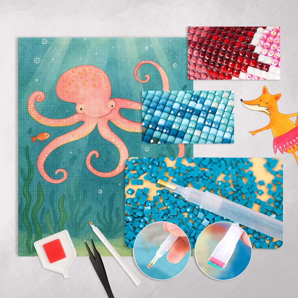 Diamond Painting Squid Design small animals, cute, funny, cute animal motives, hand drawn, small world, funny sayings, good mood, happy, gifts, gift ideas, special gifts, animal lover, card, sea animal, octopus, ocean, water, sea, arms, squid