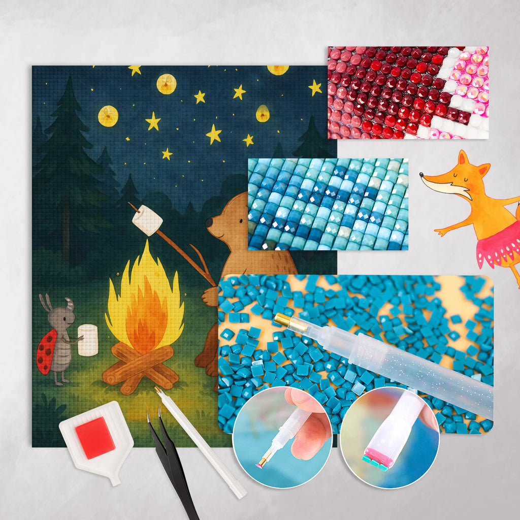 Diamond Painting Bear & Ladybird campfire Design bear, teddy, teddy bear, cuddly toy, Campfire