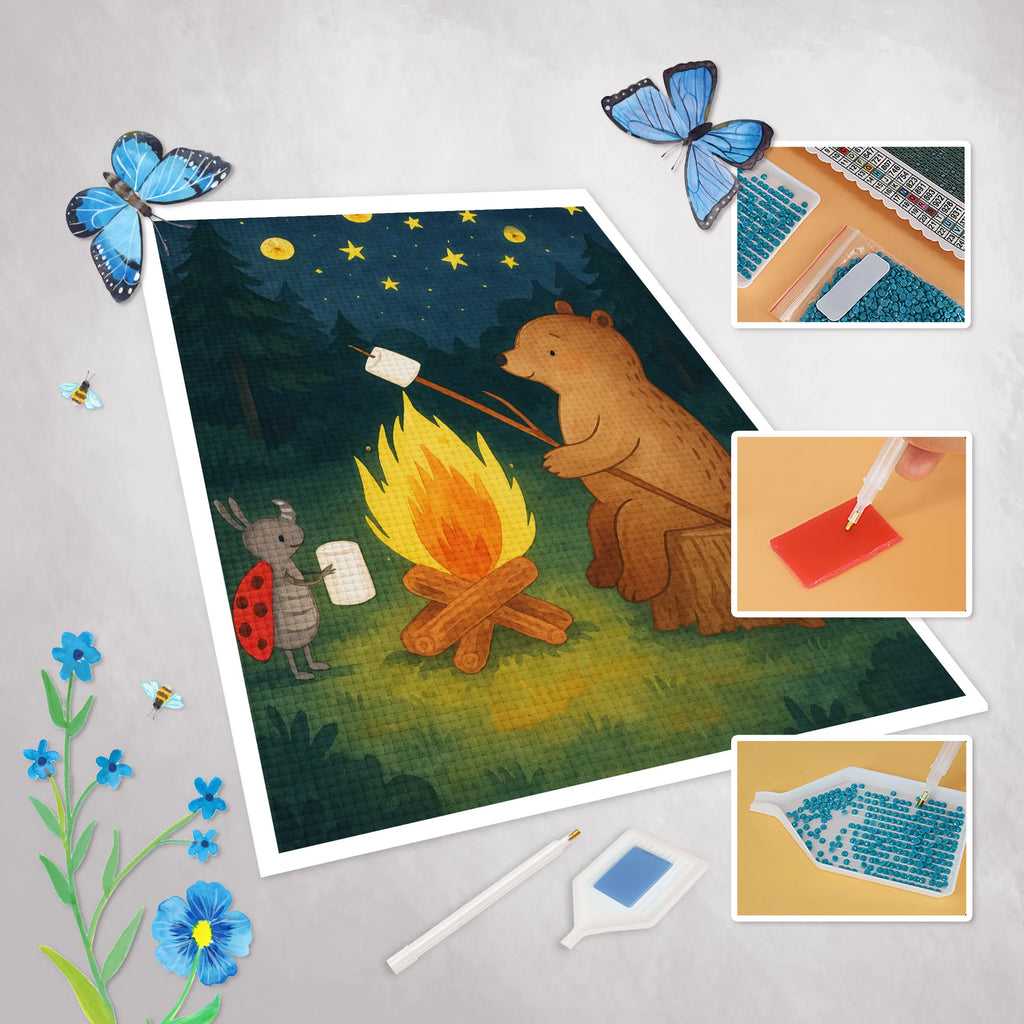 Diamond Painting Bear & Ladybird campfire Design bear, teddy, teddy bear, cuddly toy, Campfire
