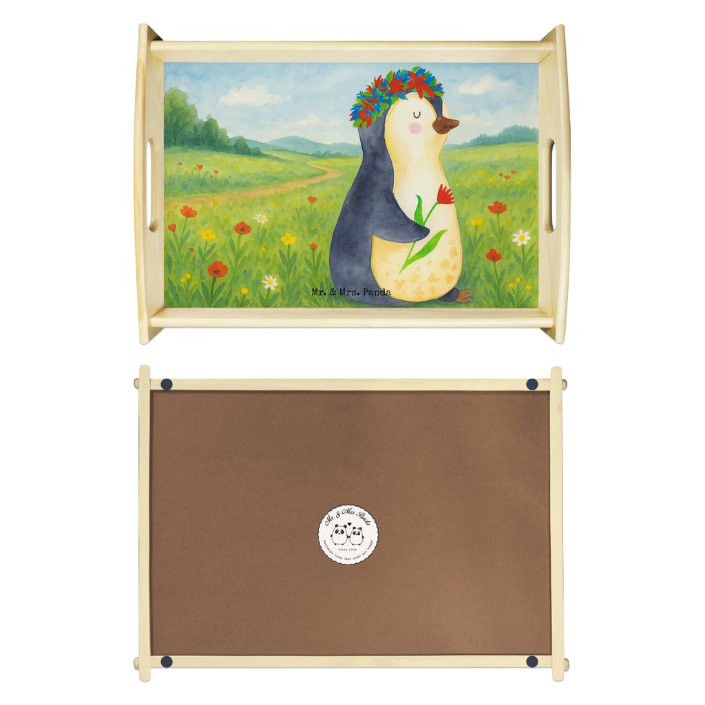 Serviertablett Pinguin Blumen Design Serviertablett, Tablett, Holztablett, Küchentablett, Dekotablett, Frühstückstablett, Pinguin, Pinguine, Blumenkranz, Universum, Leben, Wünsche, Ziele, Lebensziele, Motivation, Lebenslust, Liebeskummer, Geschenkidee