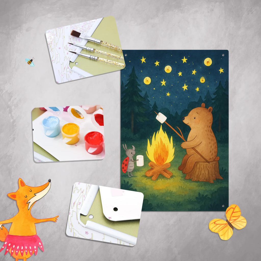 Malen nach Zahlen Metallschild Bär & Marienkäfer Lagerfeuer Design Bastelidee, Kreativität, Kunstwerk, Künstler, Ausmalbild, DIY, Malen, Baseln, Malen nach Zahlen, Bär, Teddy, Teddybär, Lagerfeuer