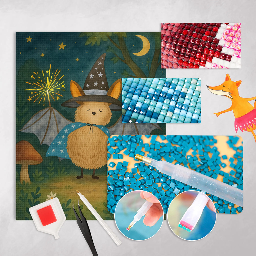Diamond Painting bat wizard Design small animals, cute, funny, cute animal motives, hand drawn, small world, funny sayings, good mood, happy, gifts, gift ideas, special gifts, animal lover, card, sorcerers, magicians, get in, women, bats, Bats