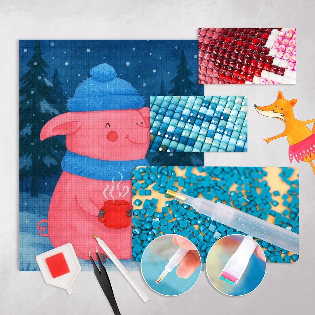 Diamond Painting Schweinchen Glühwein Design Kreativität, Kristallbild, Diamond Painting, DIY, Winter, Weihnachten, Weihnachtsdeko, Nikolaus, Advent, Heiligabend, Wintermotiv, Spruch, Betrunken, Glühwein, Weihnachtsmarkt