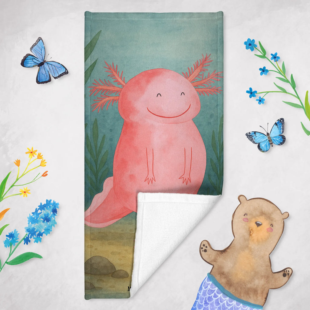 Badehandtuch Axolotl Glücklich Design Duschtuch, Badetuch, Strandtuch, Saunatuch, Kinder Handtuch, Axolotl, Molch, Axolot, Schwanzlurch, Lurch, Lurche, Motivation, gute Laune