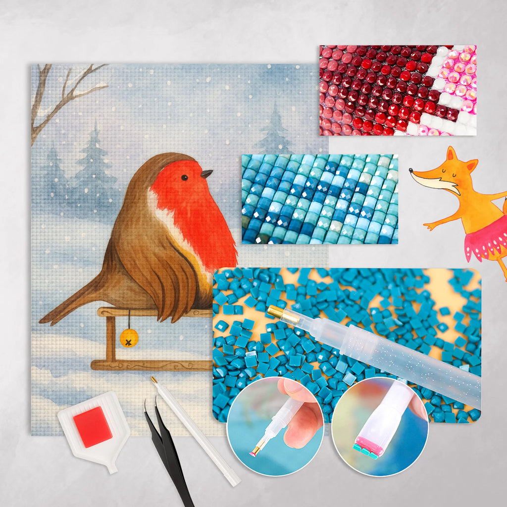 Diamond Painting robin Sleds Design Winter, Christmas, Christmas time, snow, sleigh, bird
