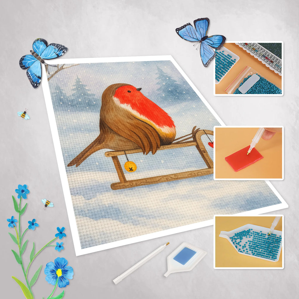 Diamond Painting robin Sleds Design Winter, Christmas, Christmas time, snow, sleigh, bird