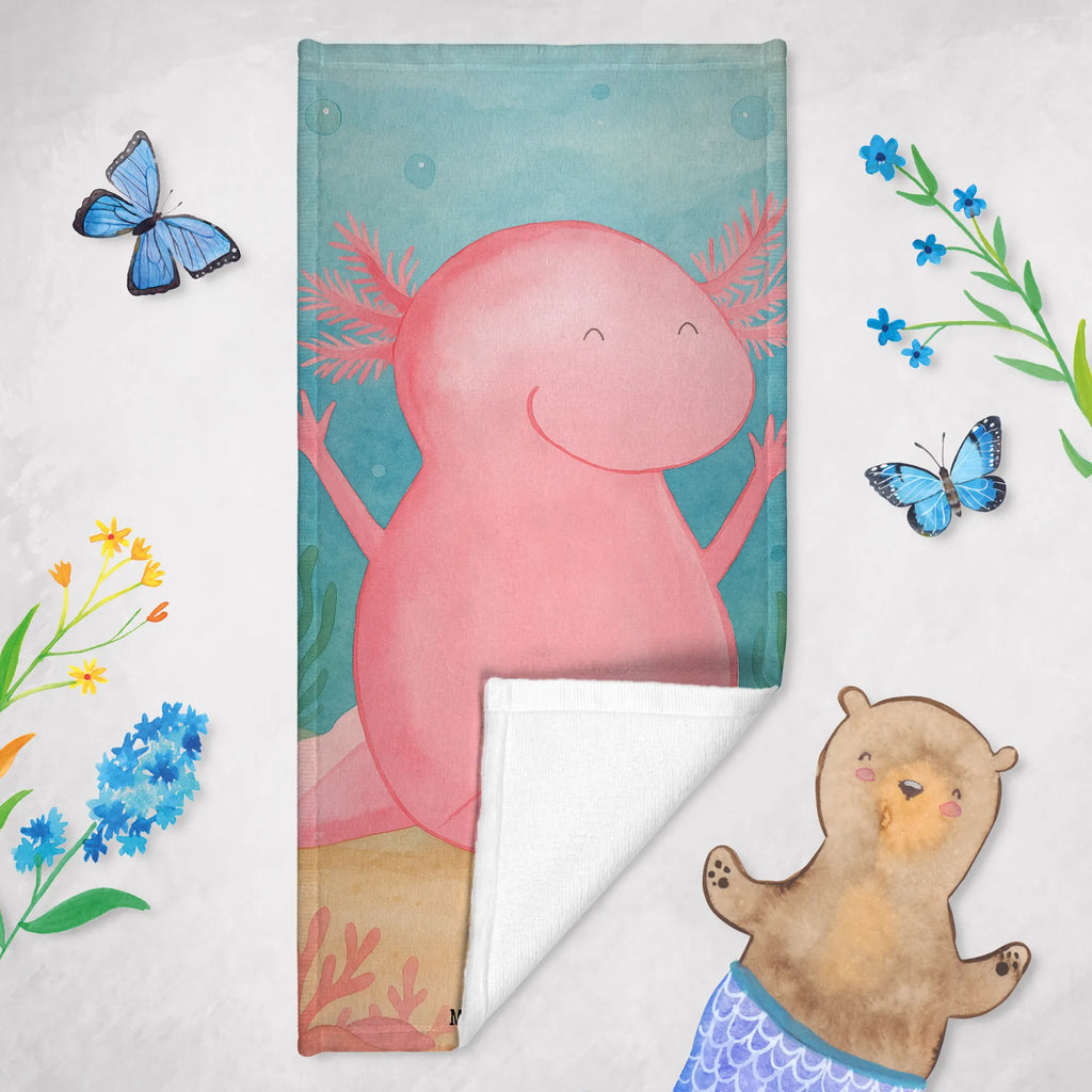 Badehandtuch Axolotl Hurra Design Duschtuch, Badetuch, Strandtuch, Saunatuch, Kinder Handtuch, Axolotl, Molch, Axolot, Schwanzlurch, Lurch, Lurche, fröhlich, Spaß, Freude, Motivation, Zufriedenheit