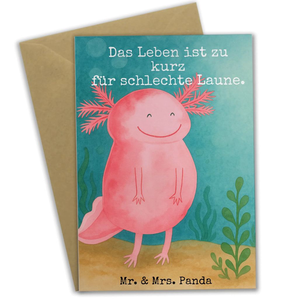 Grußkarte Axolotl Glücklich Design Grußkarte, Klappkarte, Einladungskarte, Glückwunschkarte, Hochzeitskarte, Geburtstagskarte, Karte, Ansichtskarten, Axolotl, Molch, Axolot, Schwanzlurch, Lurch, Lurche, Motivation, gute Laune