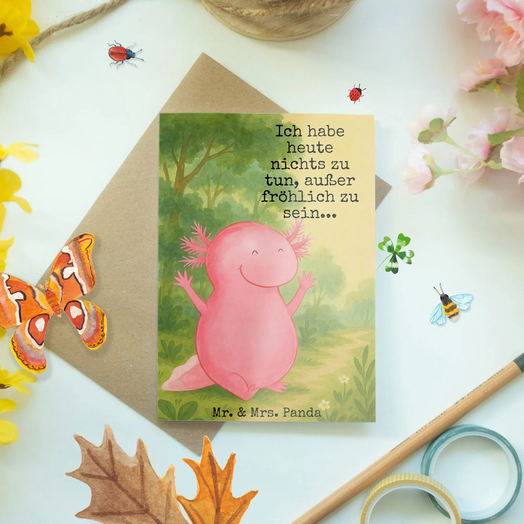 Grußkarte Axolotl Hurra Design Grußkarte, Klappkarte, Einladungskarte, Glückwunschkarte, Hochzeitskarte, Geburtstagskarte, Karte, Ansichtskarten, Axolotl, Molch, Axolot, Schwanzlurch, Lurch, Lurche, fröhlich, Spaß, Freude, Motivation, Zufriedenheit