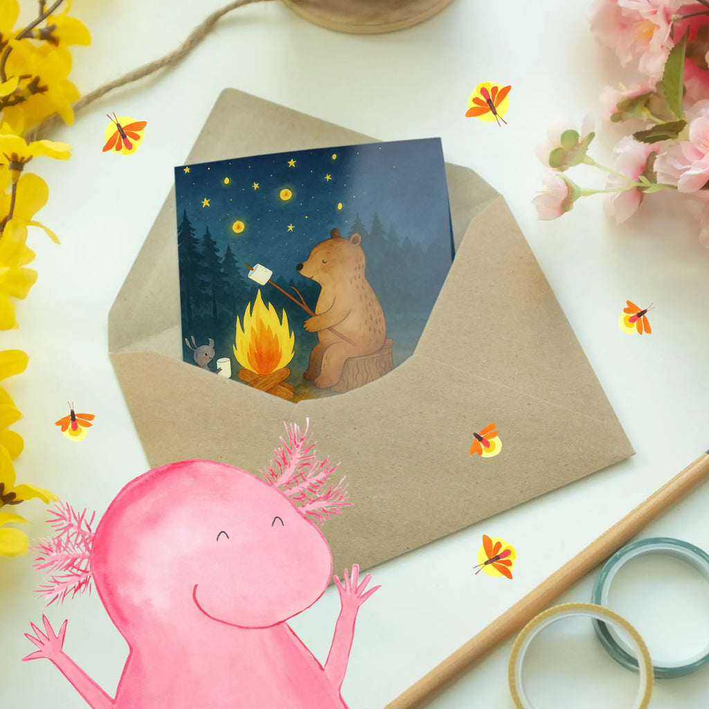 Grußkarte Bär & Marienkäfer Lagerfeuer Design Grußkarte, Klappkarte, Einladungskarte, Glückwunschkarte, Hochzeitskarte, Geburtstagskarte, Karte, Ansichtskarten, Bär, Teddy, Teddybär, Lagerfeuer
