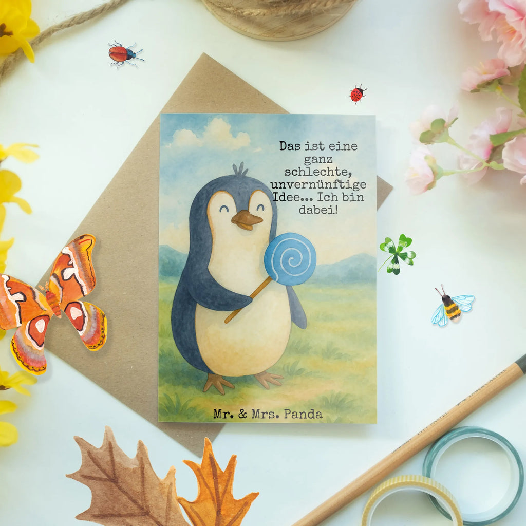 Grußkarte Pinguin Lolli Design Grußkarte, Klappkarte, Einladungskarte, Glückwunschkarte, Hochzeitskarte, Geburtstagskarte, Karte, Ansichtskarten, Pinguin, Pinguine, Lolli, Süßigkeiten, Blödsinn, Spruch, Rebell, Gauner, Ganove, Rabauke