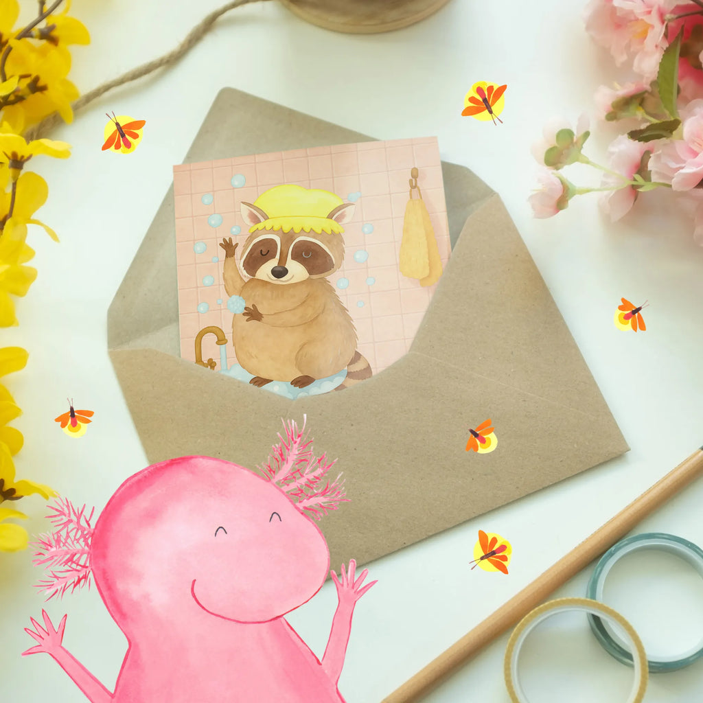 Grußkarte Waschbär Design Grußkarte, Klappkarte, Einladungskarte, Glückwunschkarte, Hochzeitskarte, Geburtstagskarte, Karte, Ansichtskarten, Tiermotive, Gute Laune, lustige Sprüche, Tiere, Waschbär, Tagträumen, Plan, Fröhlich, waschen, Seifenblasen