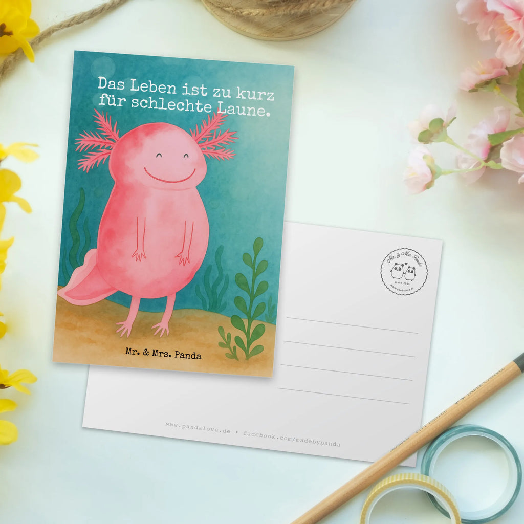 Postkarte Axolotl Glücklich Design Postkarte, Karte, Geschenkkarte, Grußkarte, Einladung, Ansichtskarte, Geburtstagskarte, Einladungskarte, Dankeskarte, Ansichtskarten, Einladung Geburtstag, Einladungskarten Geburtstag, Axolotl, Molch, Axolot, Schwanzlurch, Lurch, Lurche, Motivation, gute Laune