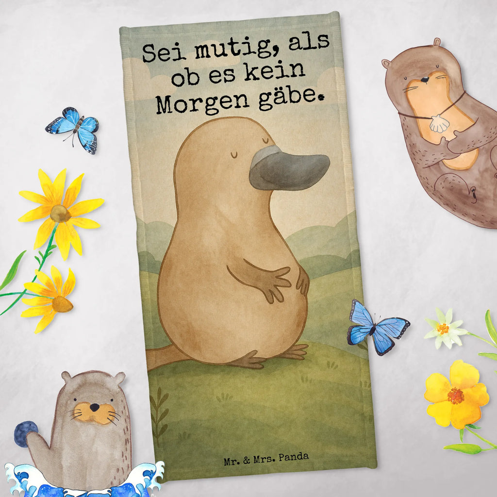 Badehandtuch Schnabeltier Mut Design Duschtuch, Badetuch, Strandtuch, Saunatuch, Kinder Handtuch, Meerestiere, Meer, Urlaub, Schnabeltier, Mut, mutig, Lebensweisheit, Schnabeltiere, Motivation, Training, Büro, Arbeit, Neuanfang, Neustart, Weltreise, Raodtrip