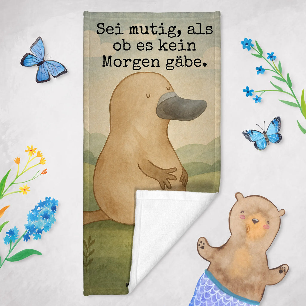 Badehandtuch Schnabeltier Mut Design Duschtuch, Badetuch, Strandtuch, Saunatuch, Kinder Handtuch, Meerestiere, Meer, Urlaub, Schnabeltier, Mut, mutig, Lebensweisheit, Schnabeltiere, Motivation, Training, Büro, Arbeit, Neuanfang, Neustart, Weltreise, Raodtrip