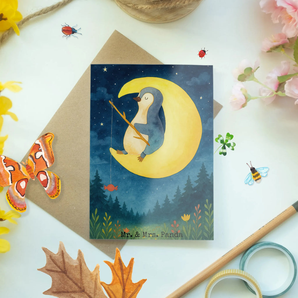 Greetings card Penguin moon Design Grußkarte, Klappkarte, Einladungskarte, Glückwunschkarte, Hochzeitskarte, Geburtstagskarte, Karte, Ansichtskarten, Pinguin, Pinguine, Spruch, schlafen, Nachtruhe, Einschlafen, Schlafzimmer, Schlafstörungen, Gästezimmer