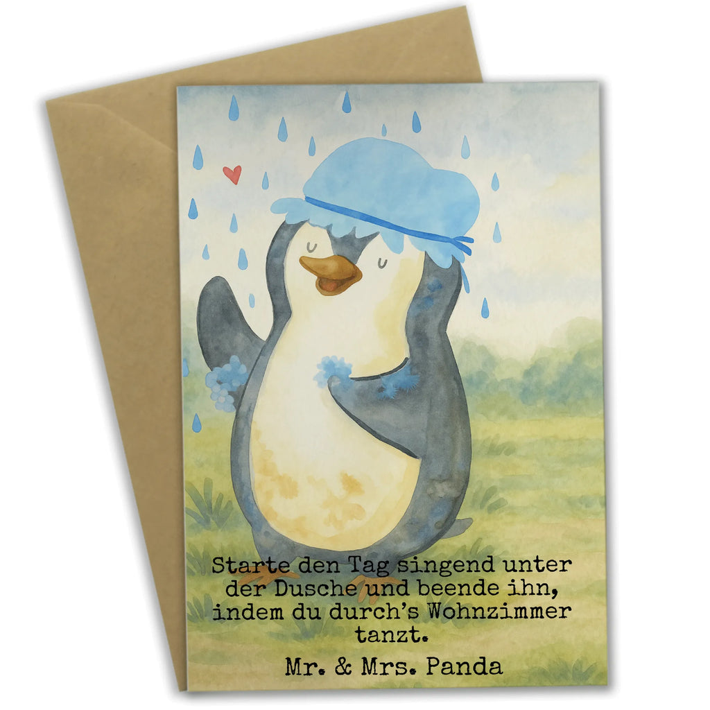 Greetings card Penguin have a shower Design Grußkarte, Klappkarte, Einladungskarte, Glückwunschkarte, Hochzeitskarte, Geburtstagskarte, Karte, Ansichtskarten, Pinguin, Pinguine, Dusche, duschen, Lebensmotto, Motivation, Neustart, Neuanfang, glücklich sein